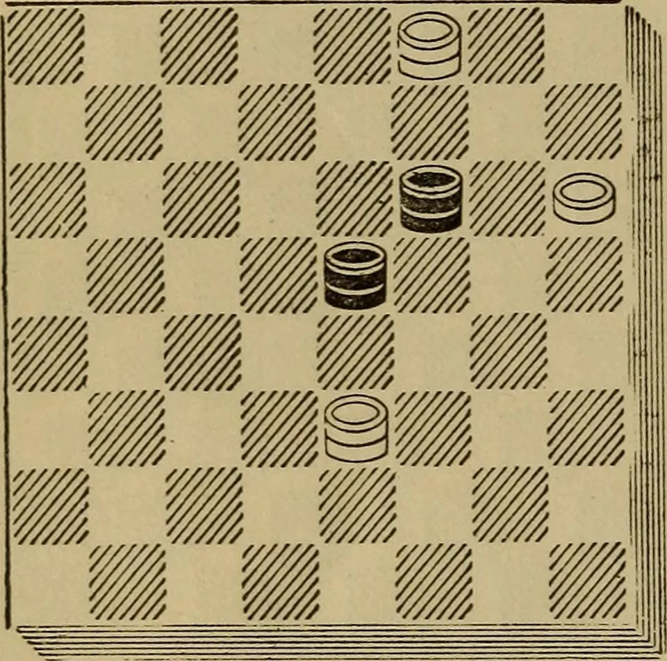 An illustration from Draughts : Gould's problems, critical positions and games by all the greatest players and composers of the world, the whole interspersed with notes on the positions / by Joseph Gould, 1895, leaf 25