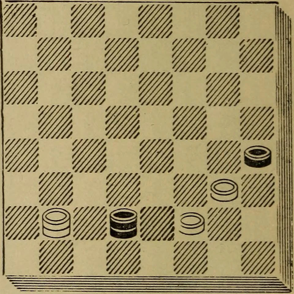 An illustration from Draughts : Gould's problems, critical positions and games by all the greatest players and composers of the world, the whole interspersed with notes on the positions / by Joseph Gould, 1895, leaf 25