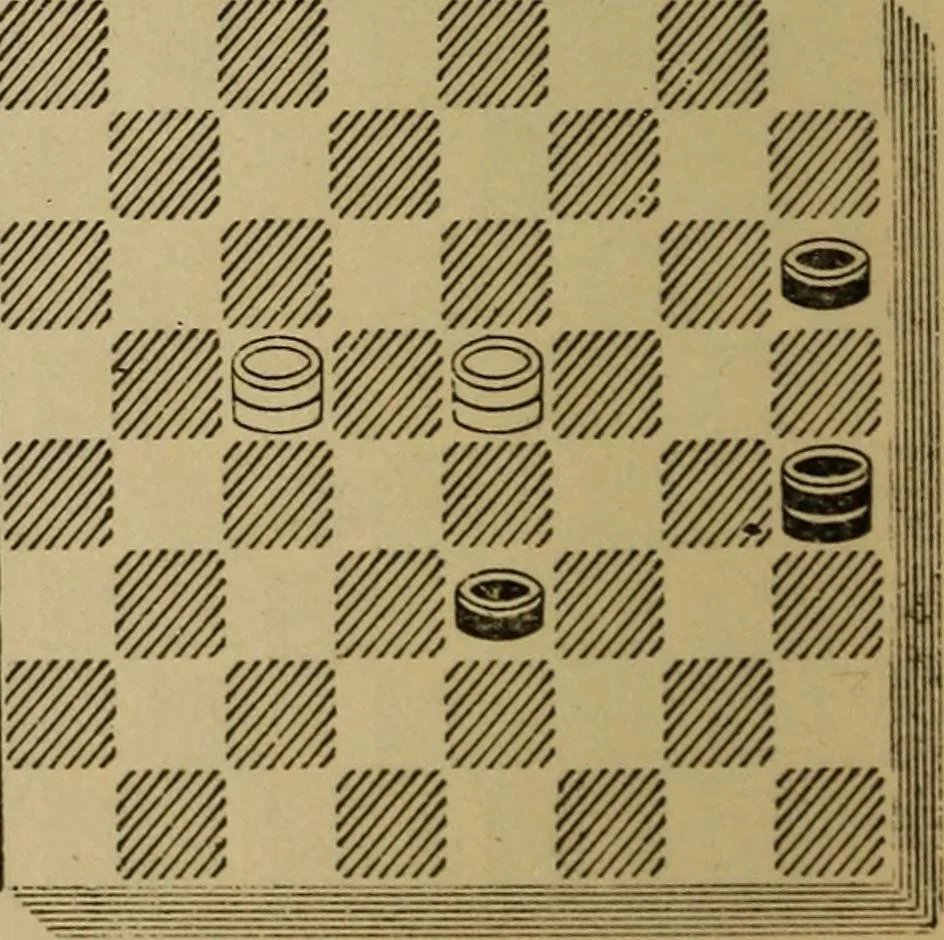 An illustration from Draughts : Gould's problems, critical positions and games by all the greatest players and composers of the world, the whole interspersed with notes on the positions / by Joseph Gould, 1895, leaf 25