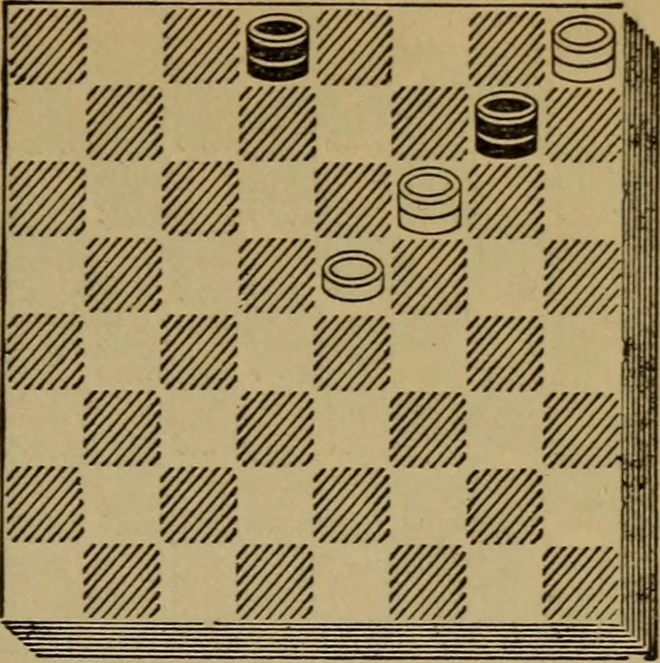 An illustration from Draughts : Gould's problems, critical positions and games by all the greatest players and composers of the world, the whole interspersed with notes on the positions / by Joseph Gould, 1895, leaf 26