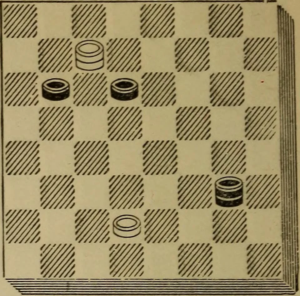 An illustration from Draughts : Gould's problems, critical positions and games by all the greatest players and composers of the world, the whole interspersed with notes on the positions / by Joseph Gould, 1895, leaf 27