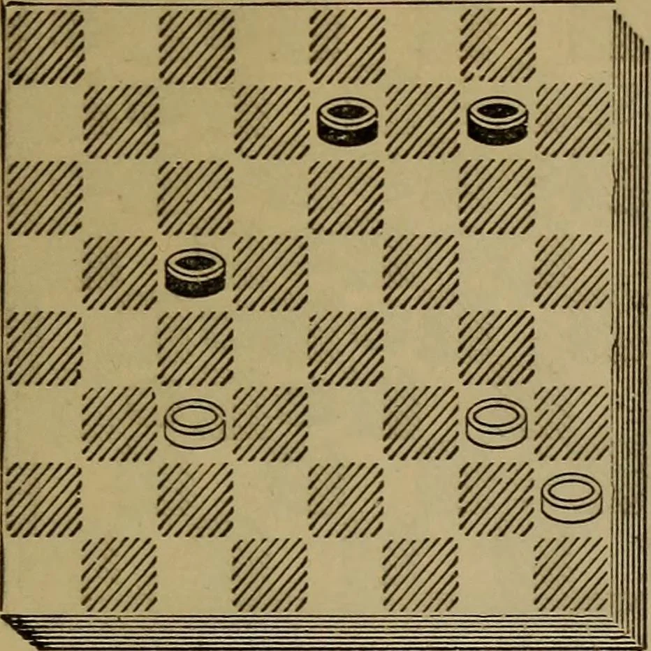 An illustration from Draughts : Gould's problems, critical positions and games by all the greatest players and composers of the world, the whole interspersed with notes on the positions / by Joseph Gould, 1895, leaf 28