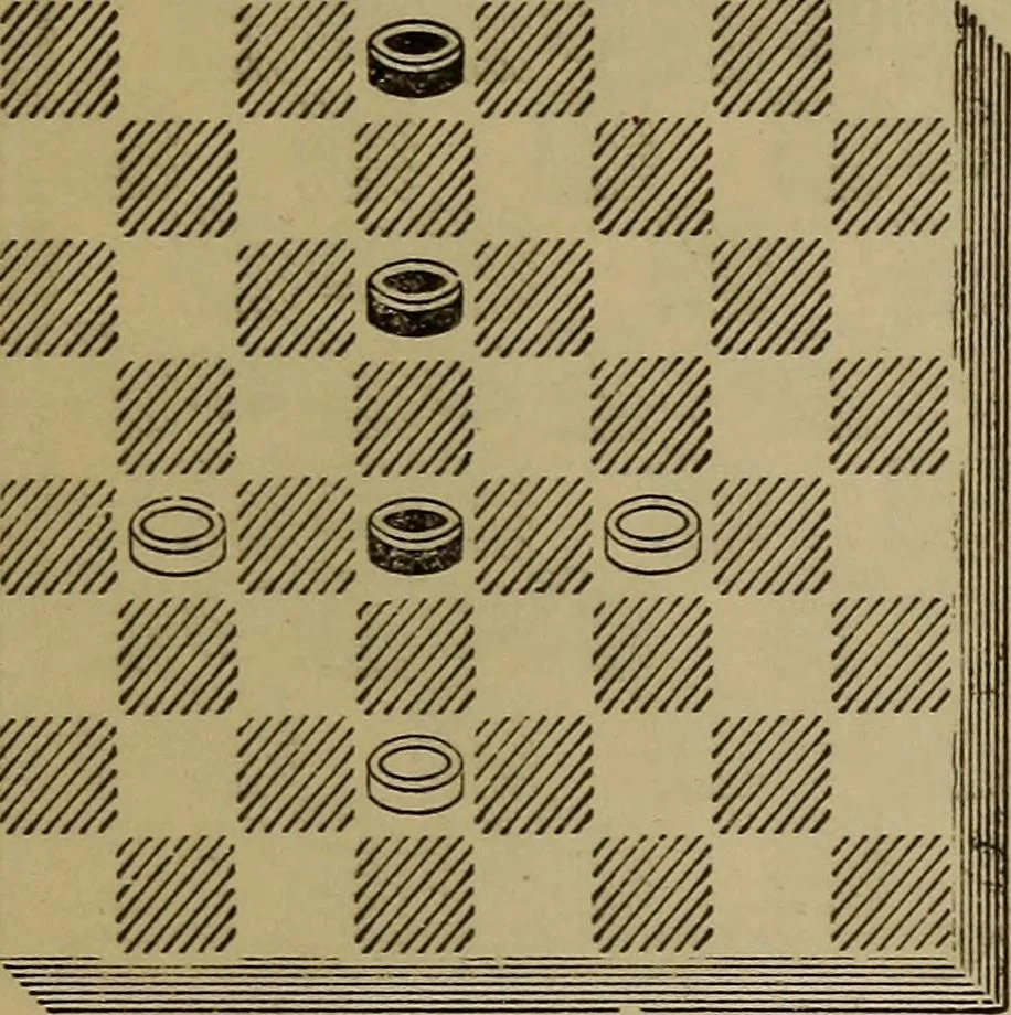 An illustration from Draughts : Gould's problems, critical positions and games by all the greatest players and composers of the world, the whole interspersed with notes on the positions / by Joseph Gould, 1895, leaf 28