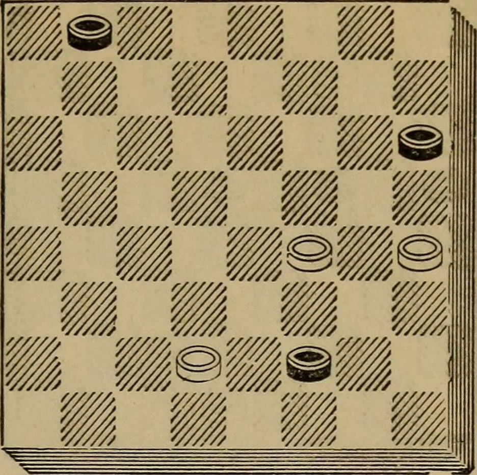 An illustration from Draughts : Gould's problems, critical positions and games by all the greatest players and composers of the world, the whole interspersed with notes on the positions / by Joseph Gould, 1895, leaf 28