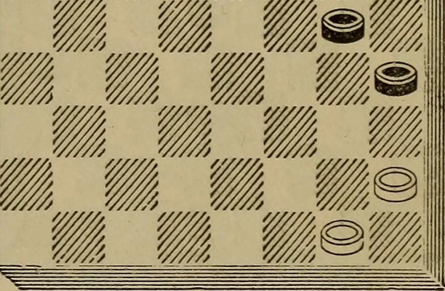An illustration from Draughts : Gould's problems, critical positions and games by all the greatest players and composers of the world, the whole interspersed with notes on the positions / by Joseph Gould, 1895, leaf 28