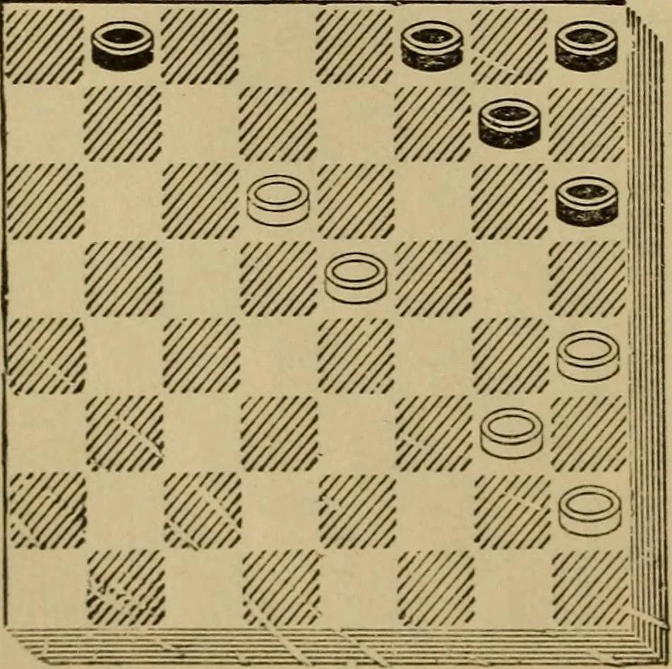 An illustration from Draughts : Gould's problems, critical positions and games by all the greatest players and composers of the world, the whole interspersed with notes on the positions / by Joseph Gould, 1895, leaf 29
