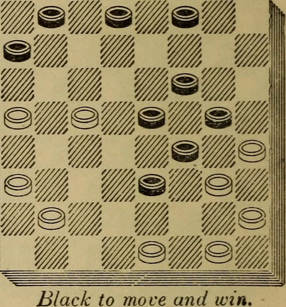 An illustration from Draughts : Gould's problems, critical positions and games by all the greatest players and composers of the world, the whole interspersed with notes on the positions / by Joseph Gould, 1895, leaf 29
