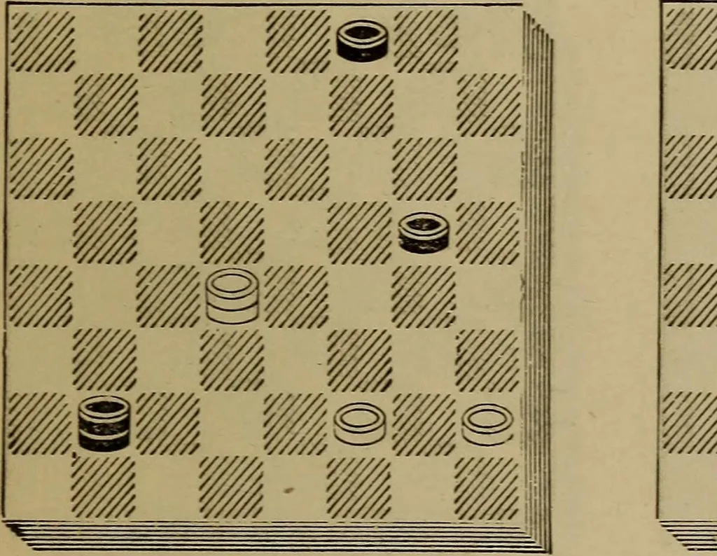 An illustration from Draughts : Gould's problems, critical positions and games by all the greatest players and composers of the world, the whole interspersed with notes on the positions / by Joseph Gould, 1895, leaf 32