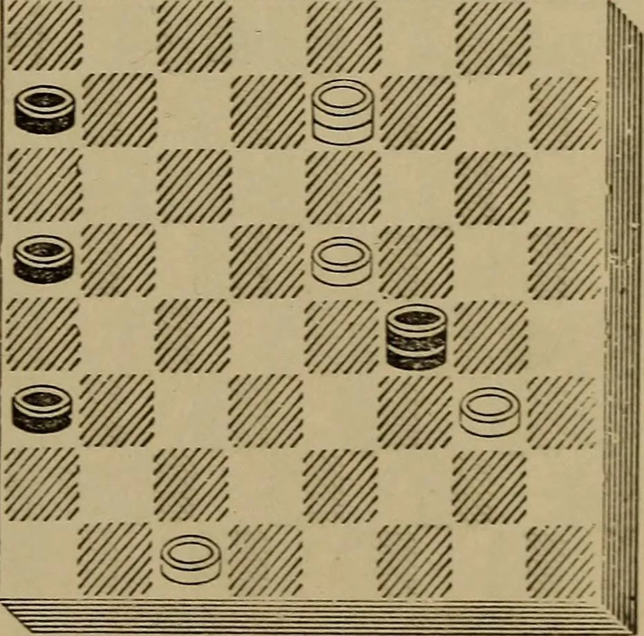 An illustration from Draughts : Gould's problems, critical positions and games by all the greatest players and composers of the world, the whole interspersed with notes on the positions / by Joseph Gould, 1895, leaf 32