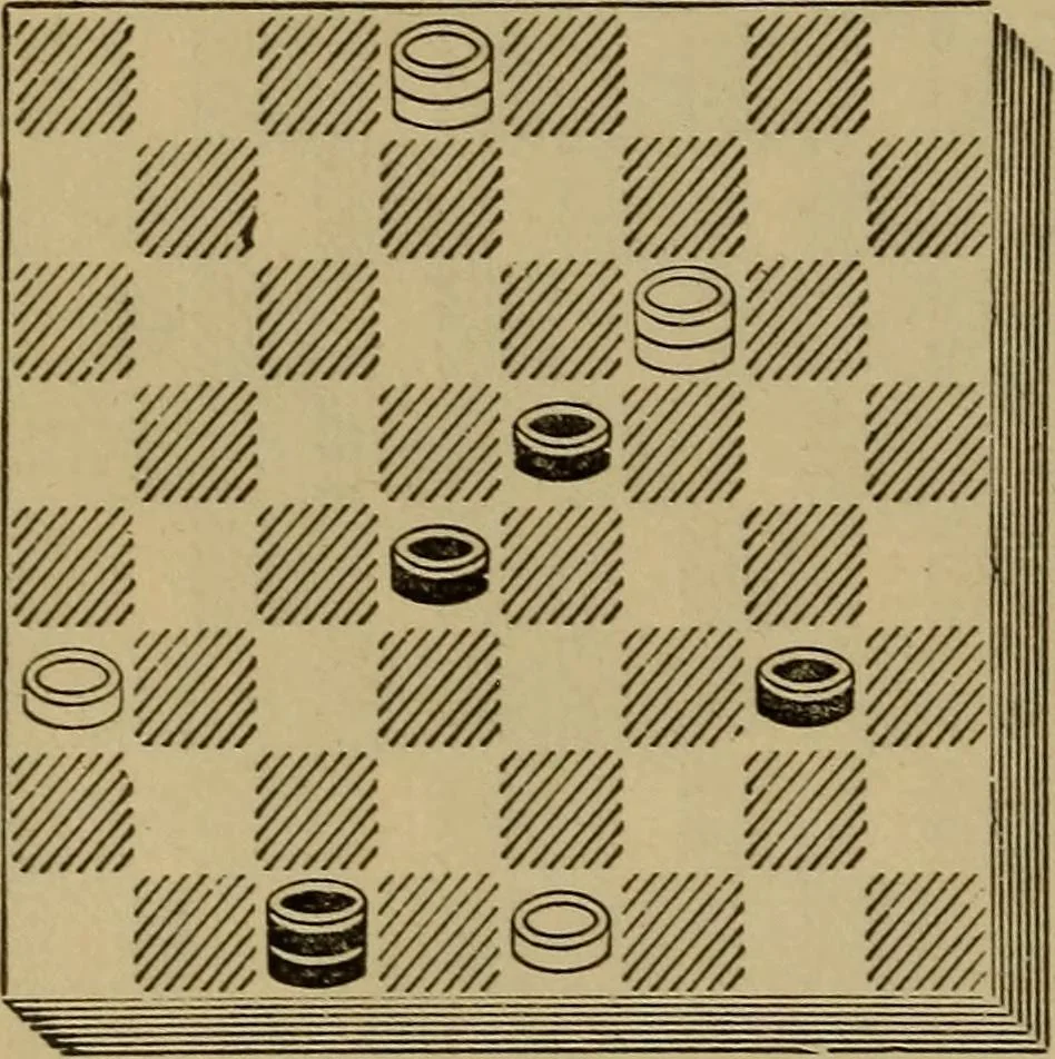 An illustration from Draughts : Gould's problems, critical positions and games by all the greatest players and composers of the world, the whole interspersed with notes on the positions / by Joseph Gould, 1895, leaf 33