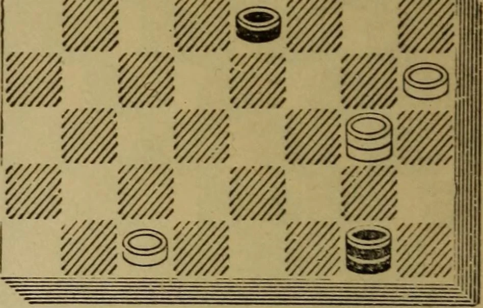 An illustration from Draughts : Gould's problems, critical positions and games by all the greatest players and composers of the world, the whole interspersed with notes on the positions / by Joseph Gould, 1895, leaf 33