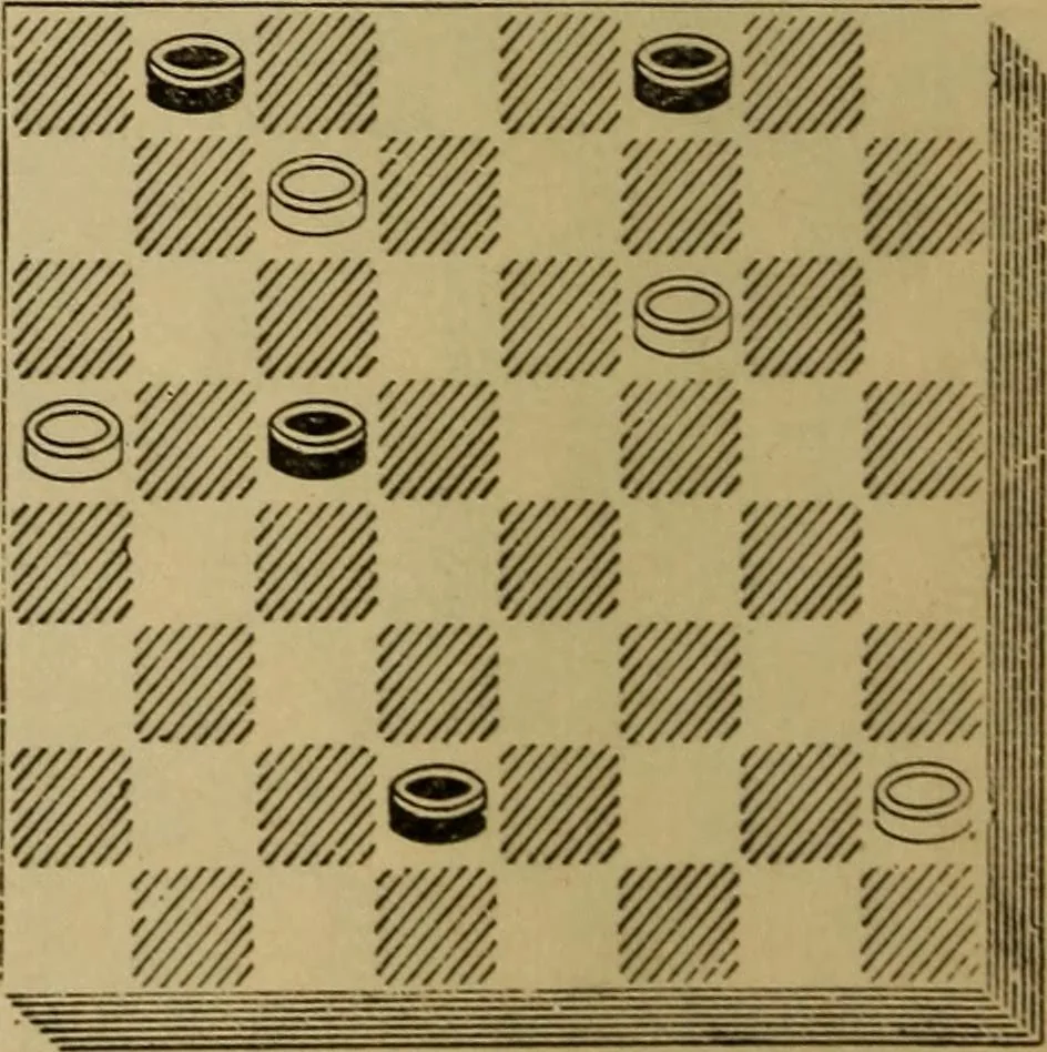 An illustration from Draughts : Gould's problems, critical positions and games by all the greatest players and composers of the world, the whole interspersed with notes on the positions / by Joseph Gould, 1895, leaf 33