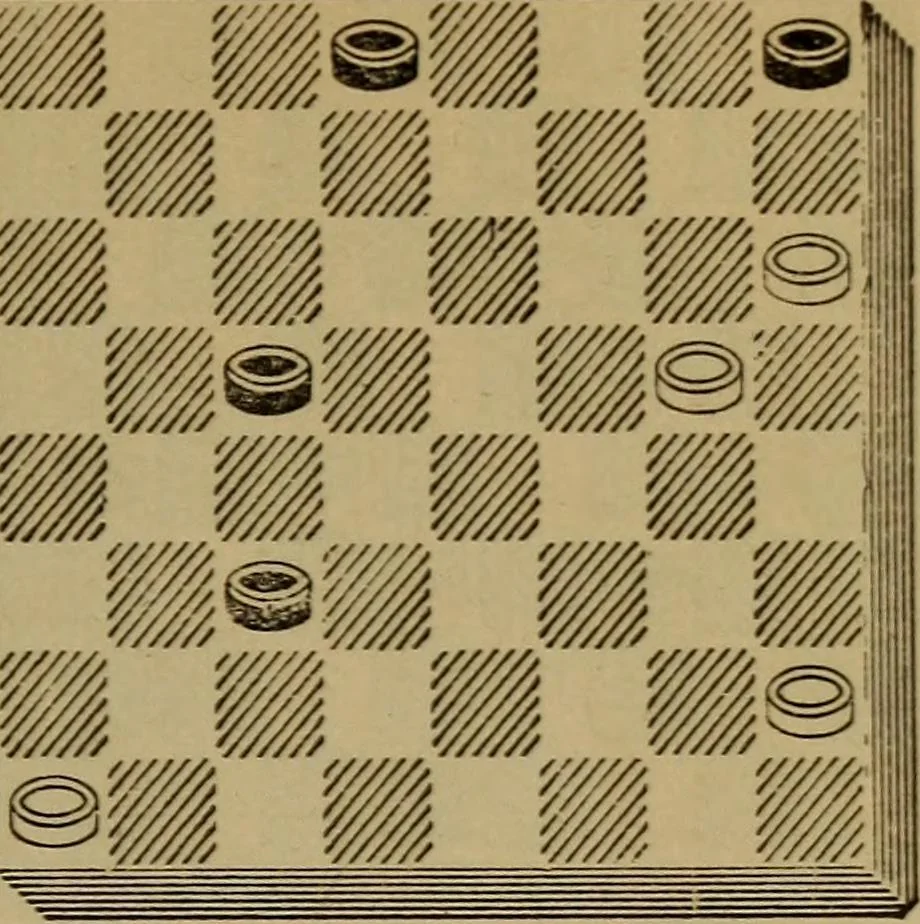 An illustration from Draughts : Gould's problems, critical positions and games by all the greatest players and composers of the world, the whole interspersed with notes on the positions / by Joseph Gould, 1895, leaf 34