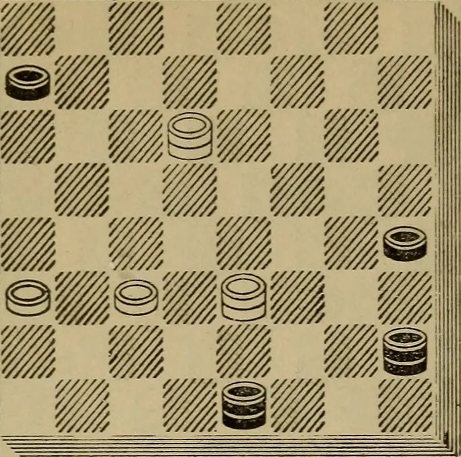 An illustration from Draughts : Gould's problems, critical positions and games by all the greatest players and composers of the world, the whole interspersed with notes on the positions / by Joseph Gould, 1895, leaf 35