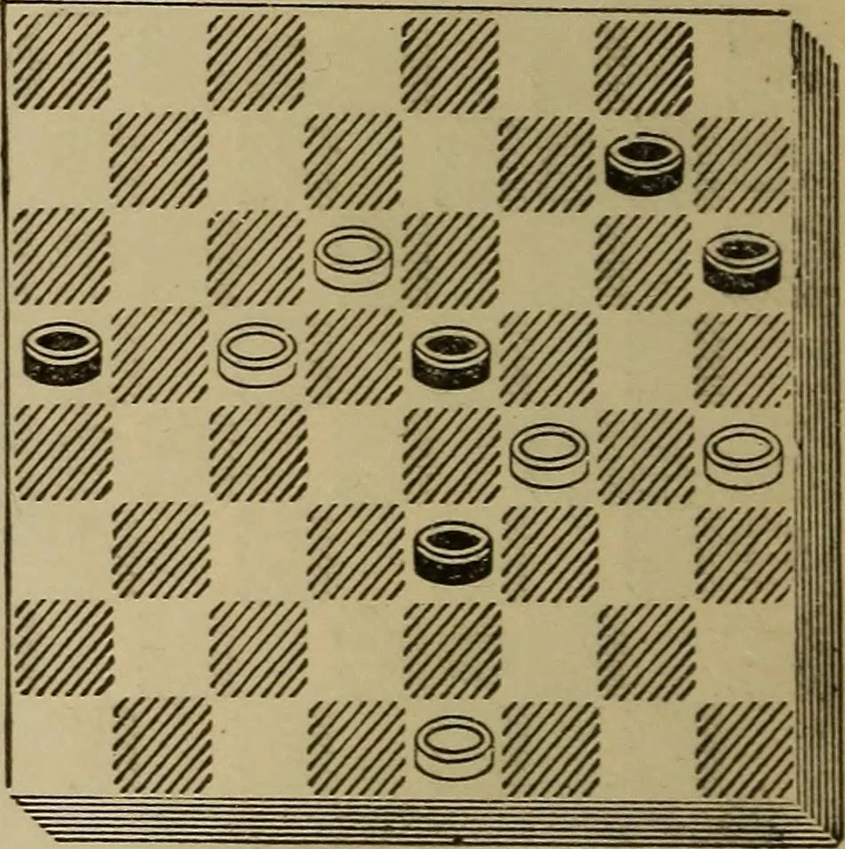 An illustration from Draughts : Gould's problems, critical positions and games by all the greatest players and composers of the world, the whole interspersed with notes on the positions / by Joseph Gould, 1895, leaf 35