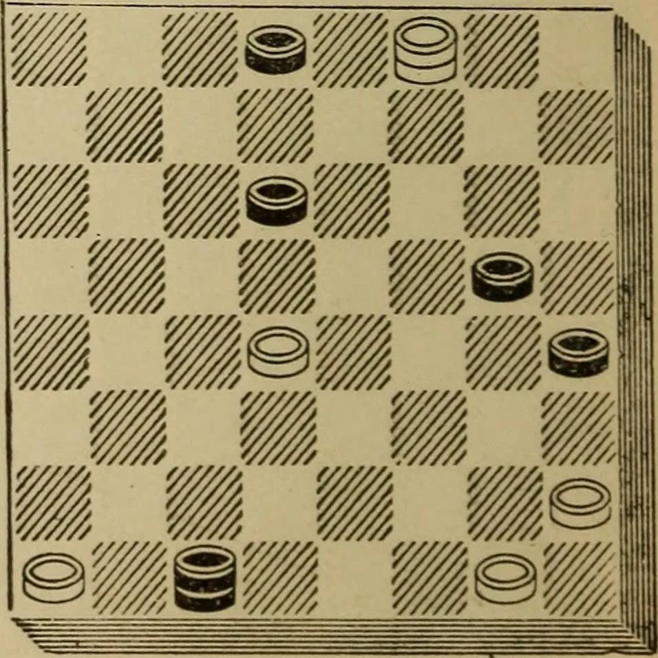 An illustration from Draughts : Gould's problems, critical positions and games by all the greatest players and composers of the world, the whole interspersed with notes on the positions / by Joseph Gould, 1895, leaf 35