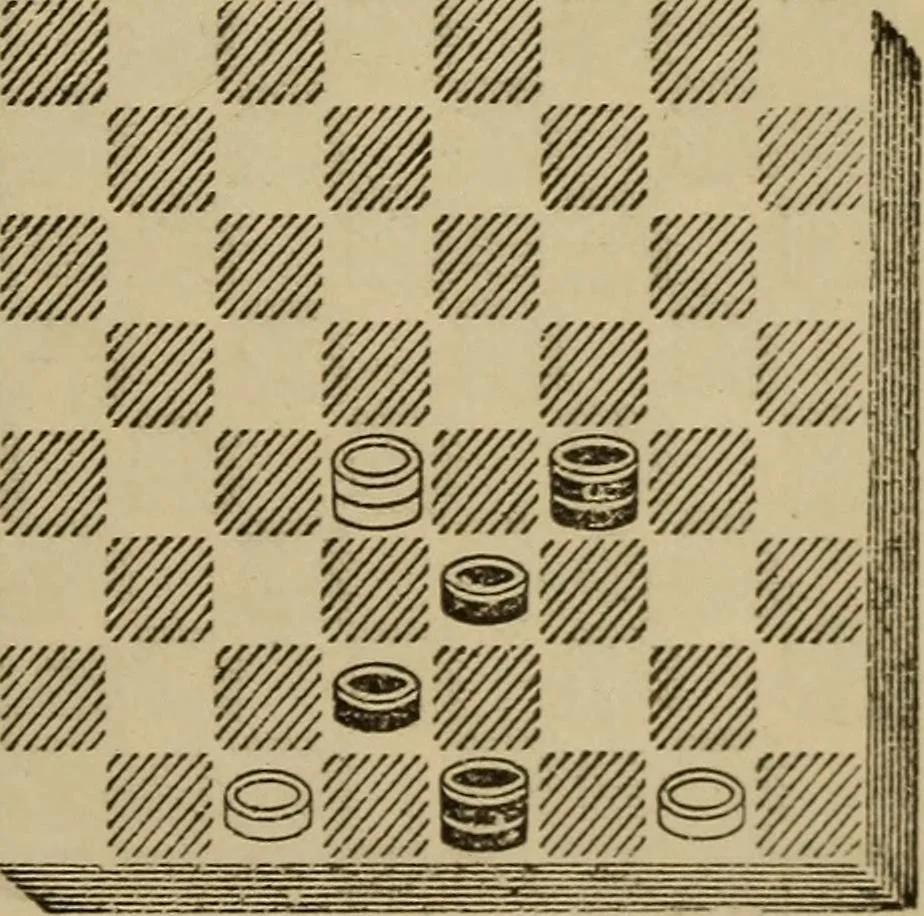 An illustration from Draughts : Gould's problems, critical positions and games by all the greatest players and composers of the world, the whole interspersed with notes on the positions / by Joseph Gould, 1895, leaf 356