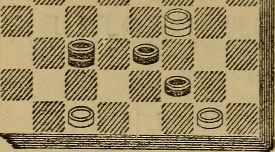 An illustration from Draughts : Gould's problems, critical positions and games by all the greatest players and composers of the world, the whole interspersed with notes on the positions / by Joseph Gould, 1895, leaf 357