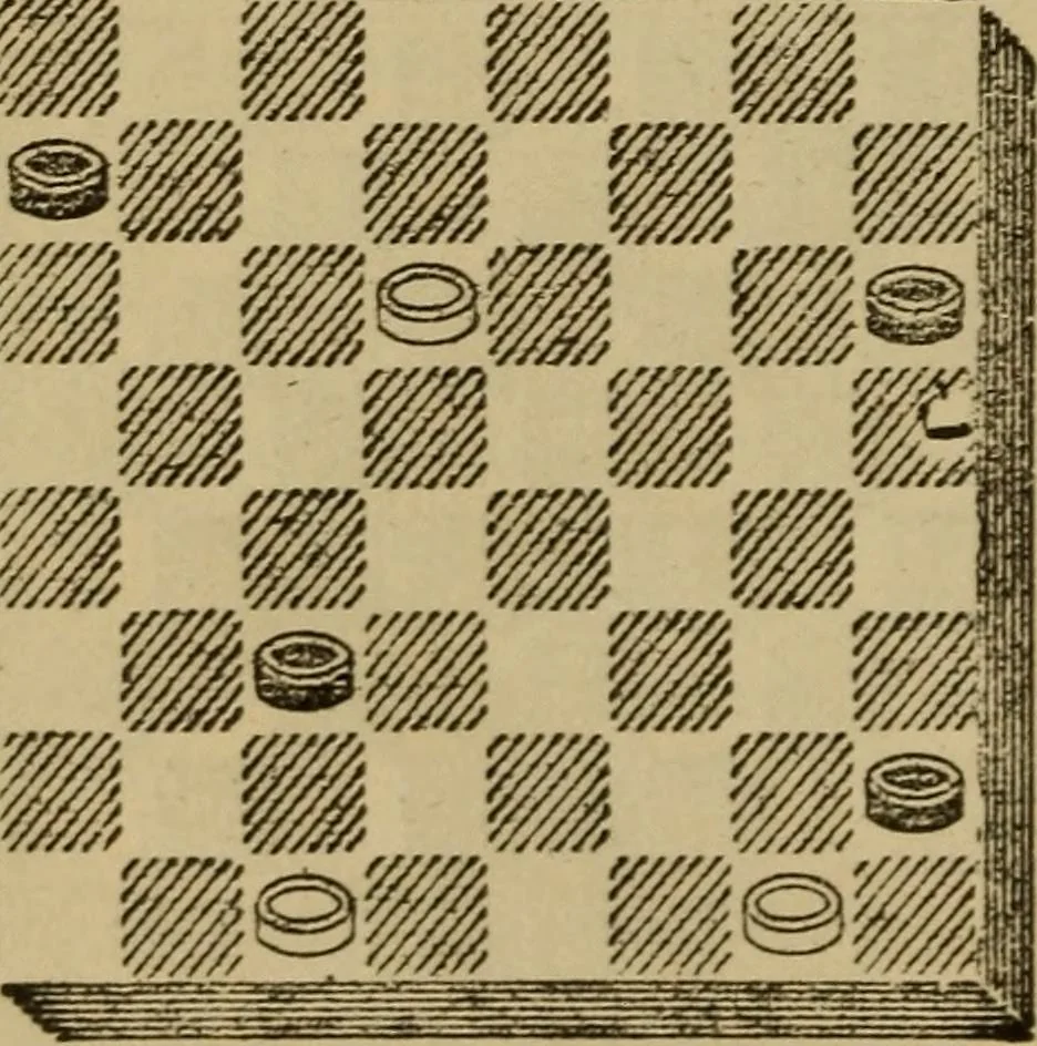 An illustration from Draughts : Gould's problems, critical positions and games by all the greatest players and composers of the world, the whole interspersed with notes on the positions / by Joseph Gould, 1895, leaf 357