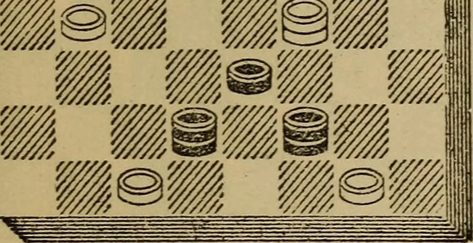 An illustration from Draughts : Gould's problems, critical positions and games by all the greatest players and composers of the world, the whole interspersed with notes on the positions / by Joseph Gould, 1895, leaf 358
