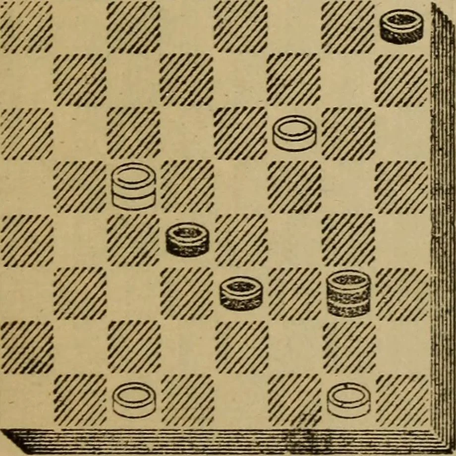 An illustration from Draughts : Gould's problems, critical positions and games by all the greatest players and composers of the world, the whole interspersed with notes on the positions / by Joseph Gould, 1895, leaf 358