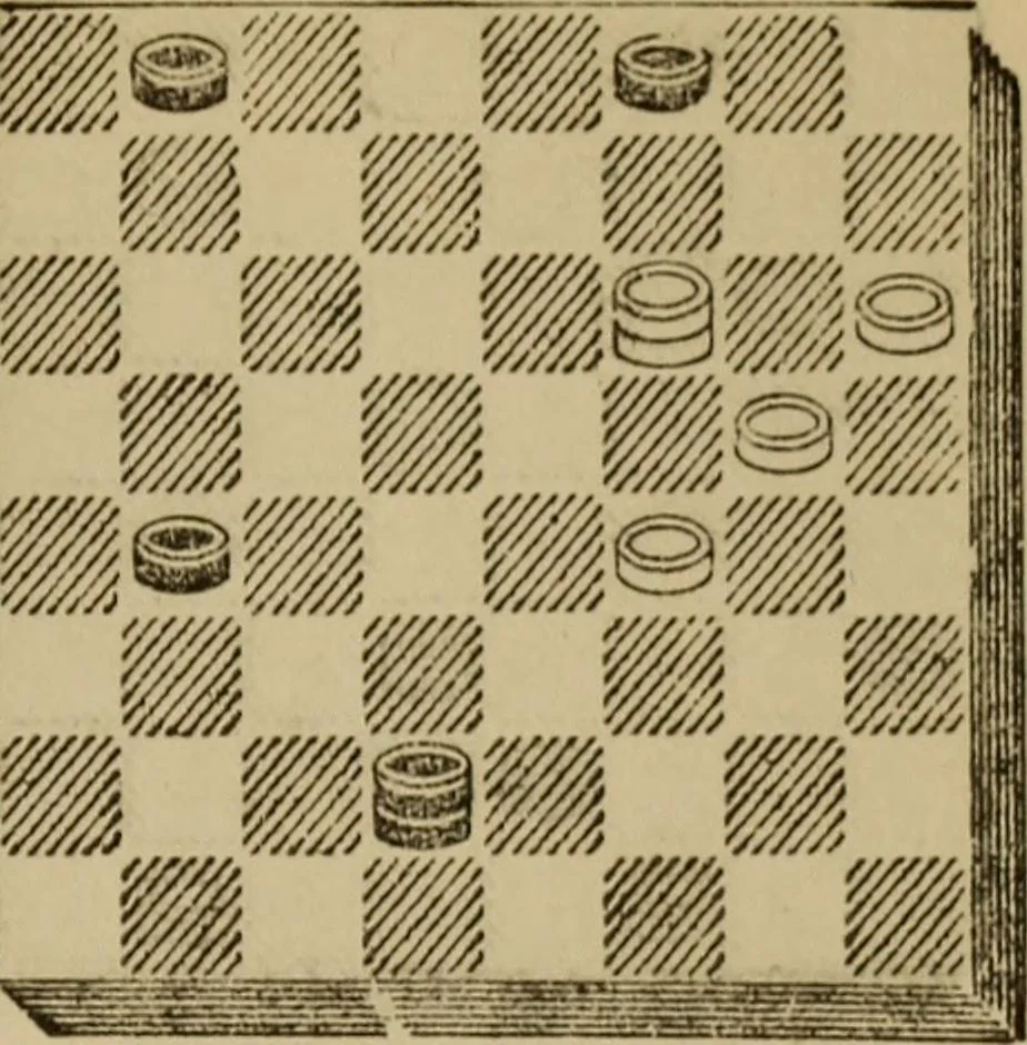 An illustration from Draughts : Gould's problems, critical positions and games by all the greatest players and composers of the world, the whole interspersed with notes on the positions / by Joseph Gould, 1895, leaf 360