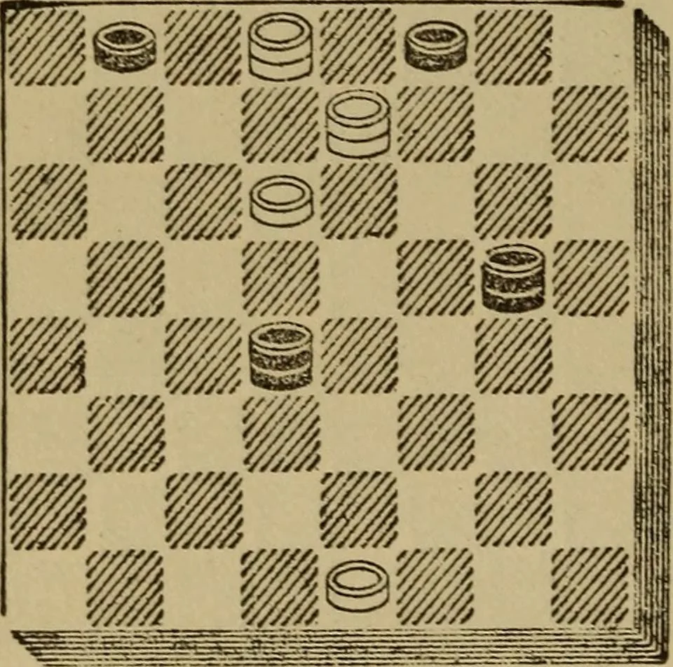 An illustration from Draughts : Gould's problems, critical positions and games by all the greatest players and composers of the world, the whole interspersed with notes on the positions / by Joseph Gould, 1895, leaf 361