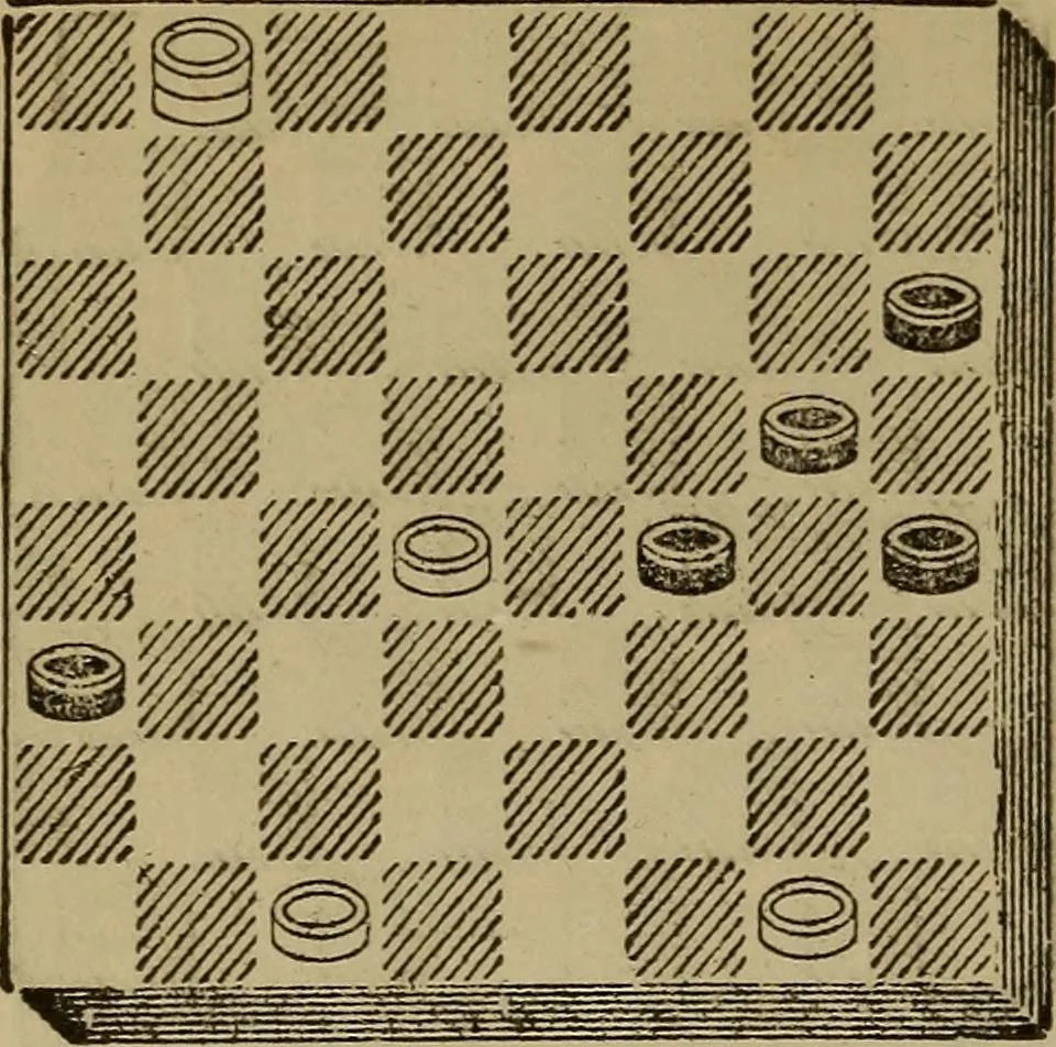 An illustration from Draughts : Gould's problems, critical positions and games by all the greatest players and composers of the world, the whole interspersed with notes on the positions / by Joseph Gould, 1895, leaf 363
