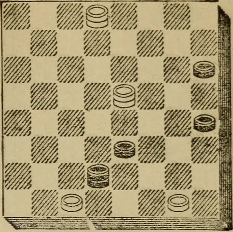 An illustration from Draughts : Gould's problems, critical positions and games by all the greatest players and composers of the world, the whole interspersed with notes on the positions / by Joseph Gould, 1895, leaf 364