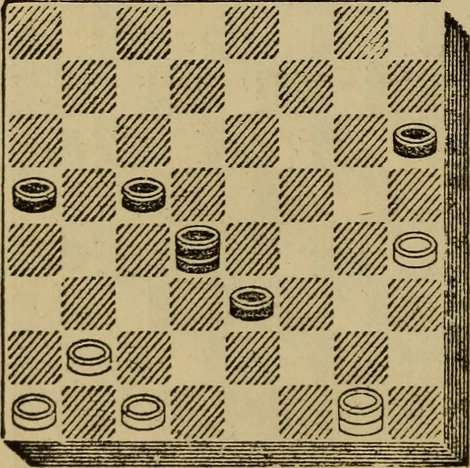 An illustration from Draughts : Gould's problems, critical positions and games by all the greatest players and composers of the world, the whole interspersed with notes on the positions / by Joseph Gould, 1895, leaf 369