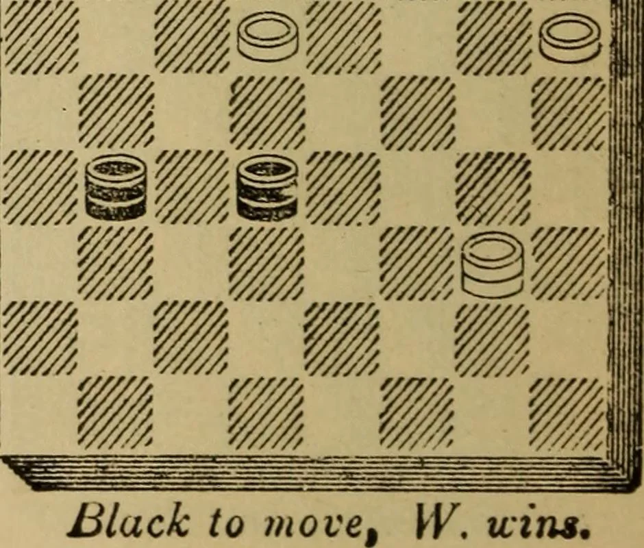 An illustration from Draughts : Gould's problems, critical positions and games by all the greatest players and composers of the world, the whole interspersed with notes on the positions / by Joseph Gould, 1895, leaf 369