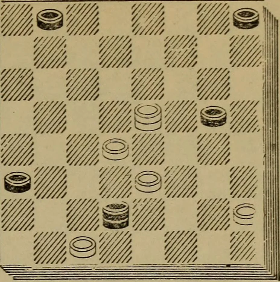 An illustration from Draughts : Gould's problems, critical positions and games by all the greatest players and composers of the world, the whole interspersed with notes on the positions / by Joseph Gould, 1895, leaf 38