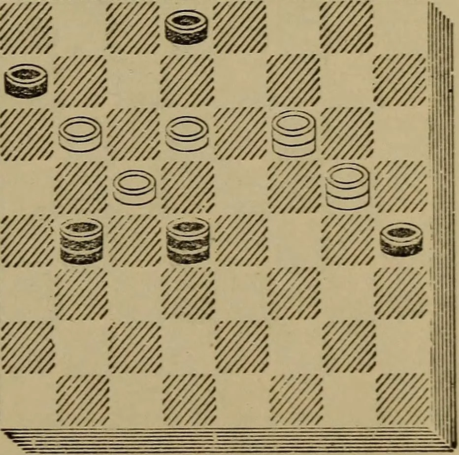 An illustration from Draughts : Gould's problems, critical positions and games by all the greatest players and composers of the world, the whole interspersed with notes on the positions / by Joseph Gould, 1895, leaf 38