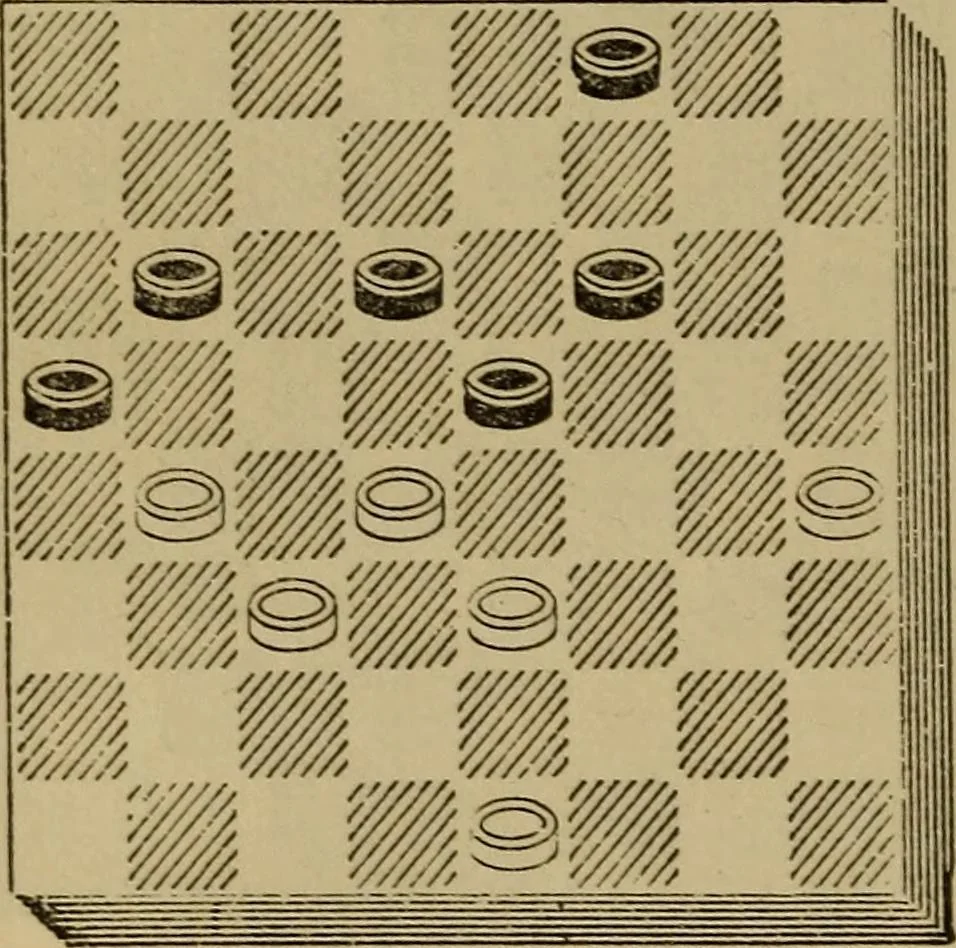 An illustration from Draughts : Gould's problems, critical positions and games by all the greatest players and composers of the world, the whole interspersed with notes on the positions / by Joseph Gould, 1895, leaf 39