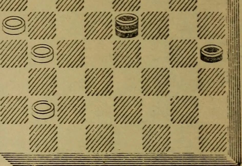 An illustration from Draughts : Gould's problems, critical positions and games by all the greatest players and composers of the world, the whole interspersed with notes on the positions / by Joseph Gould, 1895, leaf 39