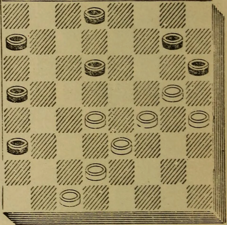 An illustration from Draughts : Gould's problems, critical positions and games by all the greatest players and composers of the world, the whole interspersed with notes on the positions / by Joseph Gould, 1895, leaf 39