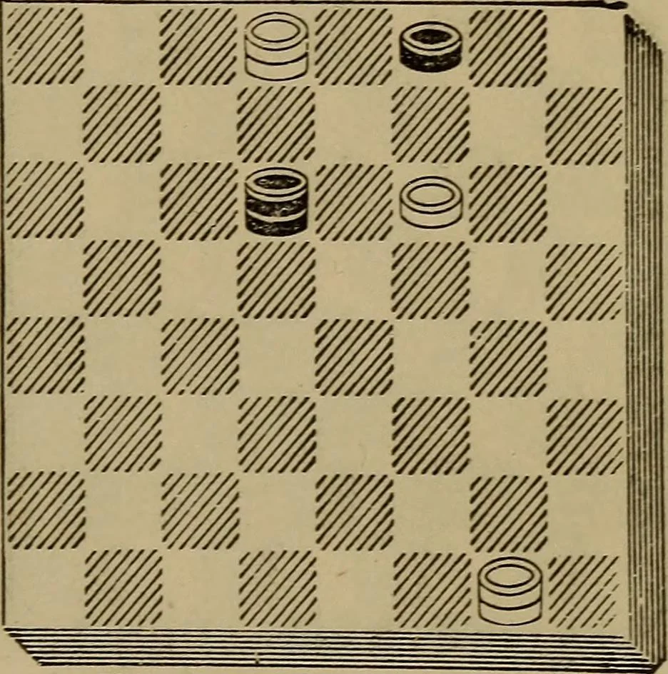 An illustration from Draughts : Gould's problems, critical positions and games by all the greatest players and composers of the world, the whole interspersed with notes on the positions / by Joseph Gould, 1895, leaf 42