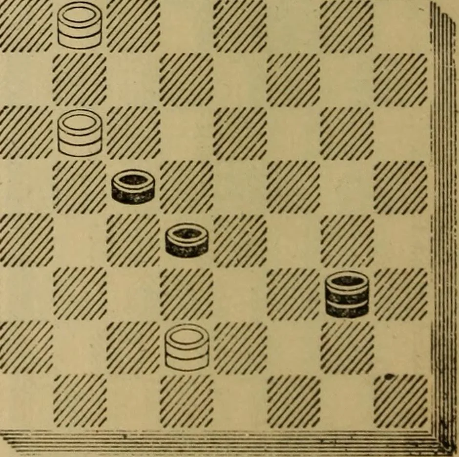 An illustration from Draughts : Gould's problems, critical positions and games by all the greatest players and composers of the world, the whole interspersed with notes on the positions / by Joseph Gould, 1895, leaf 43