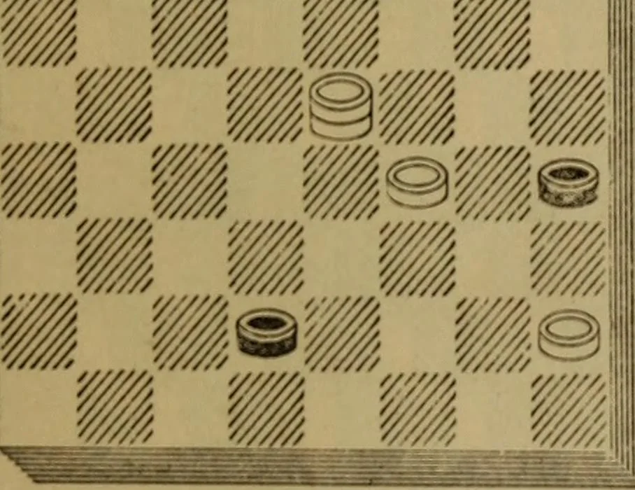 An illustration from Draughts : Gould's problems, critical positions and games by all the greatest players and composers of the world, the whole interspersed with notes on the positions / by Joseph Gould, 1895, leaf 44