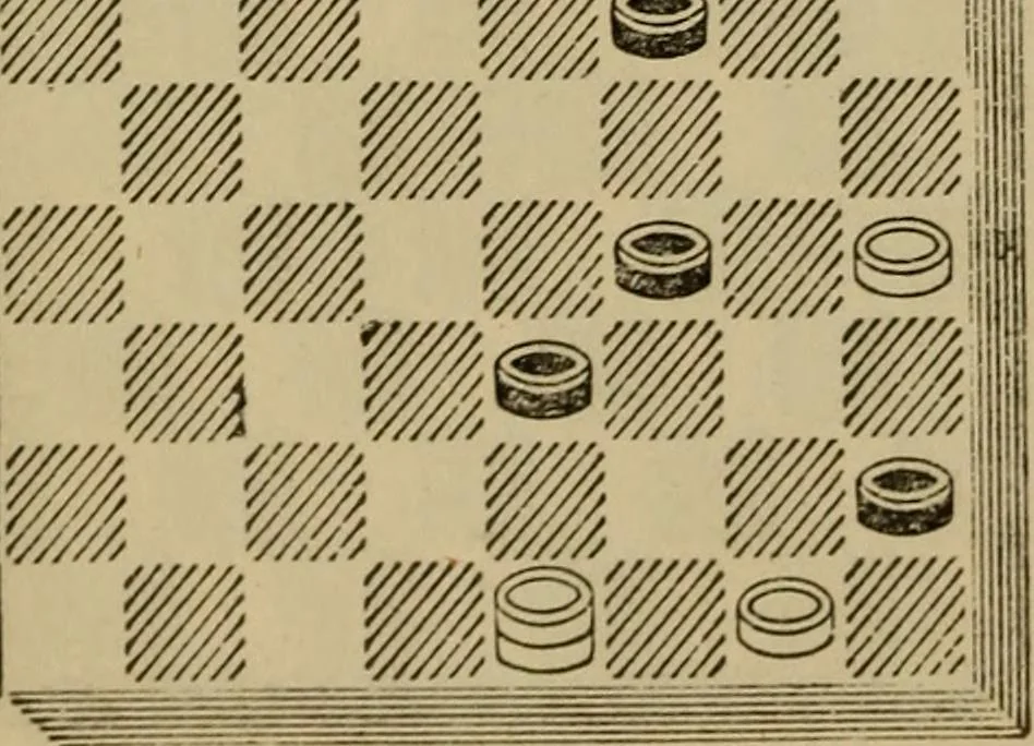 An illustration from Draughts : Gould's problems, critical positions and games by all the greatest players and composers of the world, the whole interspersed with notes on the positions / by Joseph Gould, 1895, leaf 45