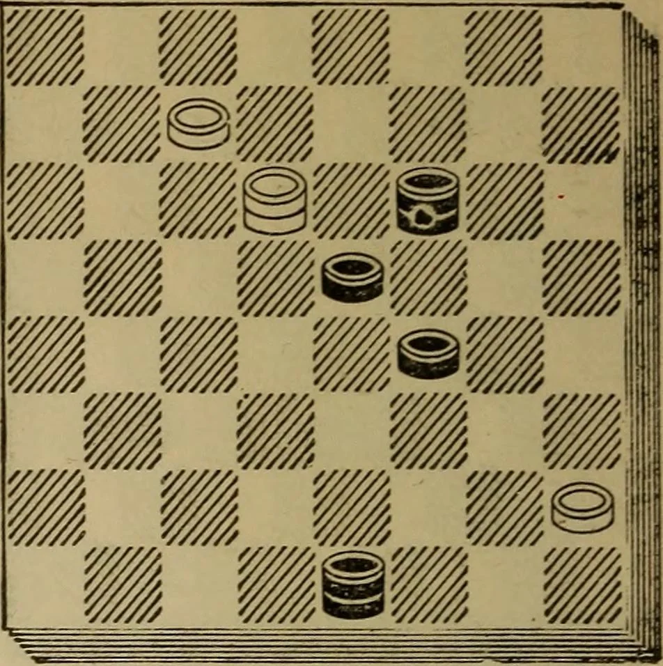 An illustration from Draughts : Gould's problems, critical positions and games by all the greatest players and composers of the world, the whole interspersed with notes on the positions / by Joseph Gould, 1895, leaf 45