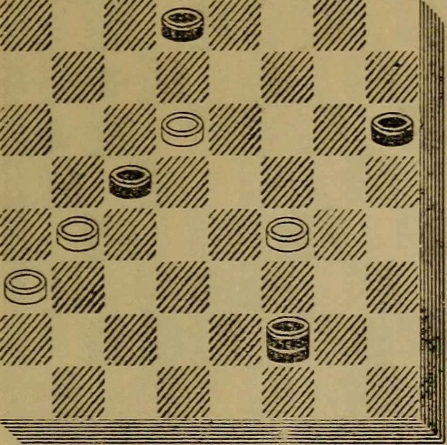 An illustration from Draughts : Gould's problems, critical positions and games by all the greatest players and composers of the world, the whole interspersed with notes on the positions / by Joseph Gould, 1895, leaf 46