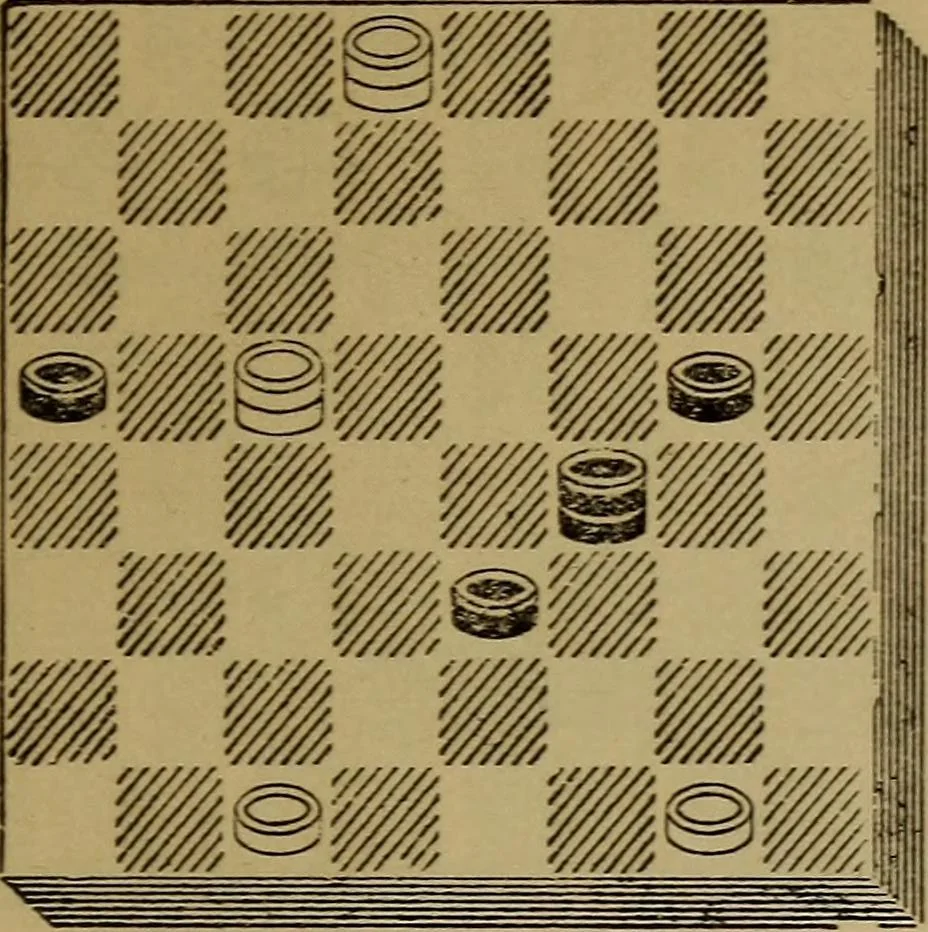 An illustration from Draughts : Gould's problems, critical positions and games by all the greatest players and composers of the world, the whole interspersed with notes on the positions / by Joseph Gould, 1895, leaf 48
