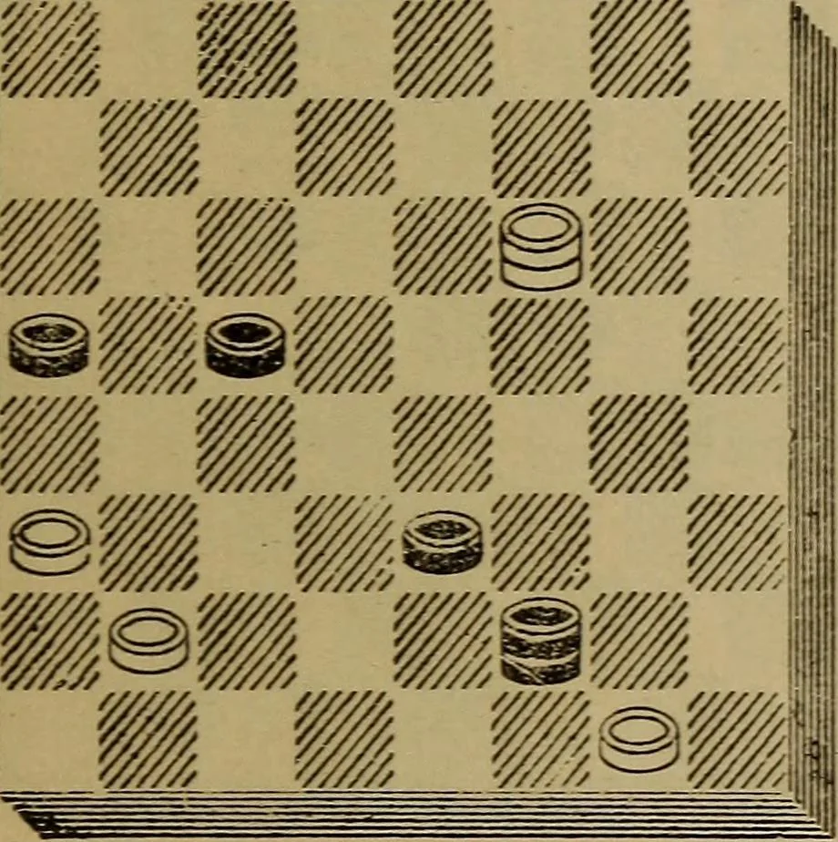 An illustration from Draughts : Gould's problems, critical positions and games by all the greatest players and composers of the world, the whole interspersed with notes on the positions / by Joseph Gould, 1895, leaf 48