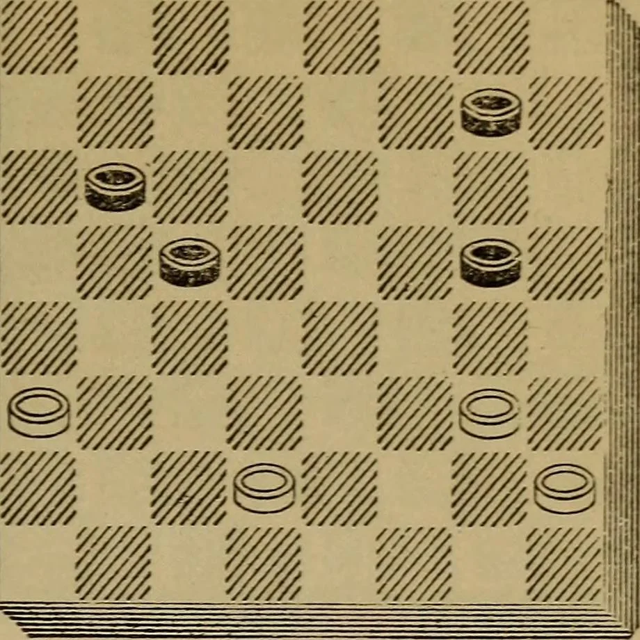 An illustration from Draughts : Gould's problems, critical positions and games by all the greatest players and composers of the world, the whole interspersed with notes on the positions / by Joseph Gould, 1895, leaf 48