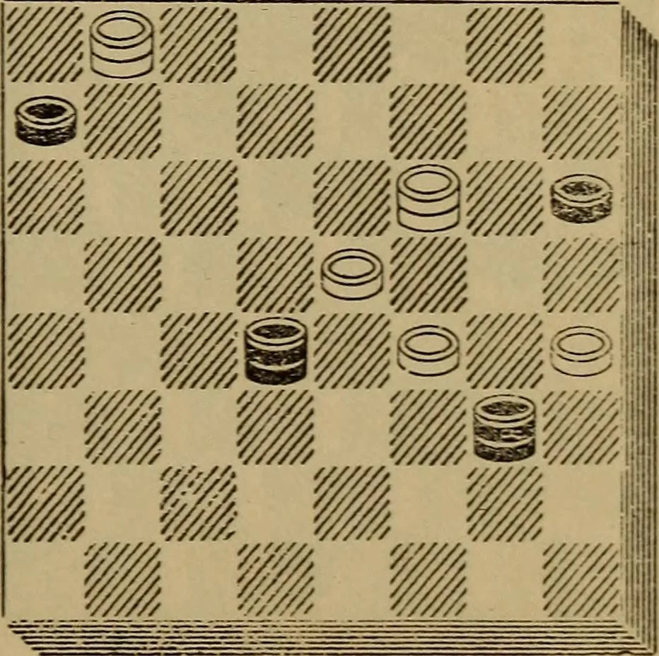 An illustration from Draughts : Gould's problems, critical positions and games by all the greatest players and composers of the world, the whole interspersed with notes on the positions / by Joseph Gould, 1895, leaf 48