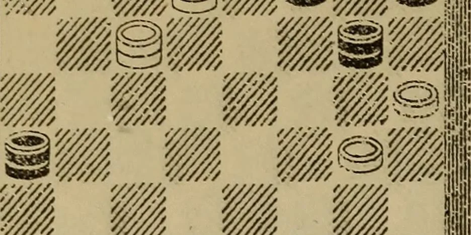 An illustration from Draughts : Gould's problems, critical positions and games by all the greatest players and composers of the world, the whole interspersed with notes on the positions / by Joseph Gould, 1895, leaf 49