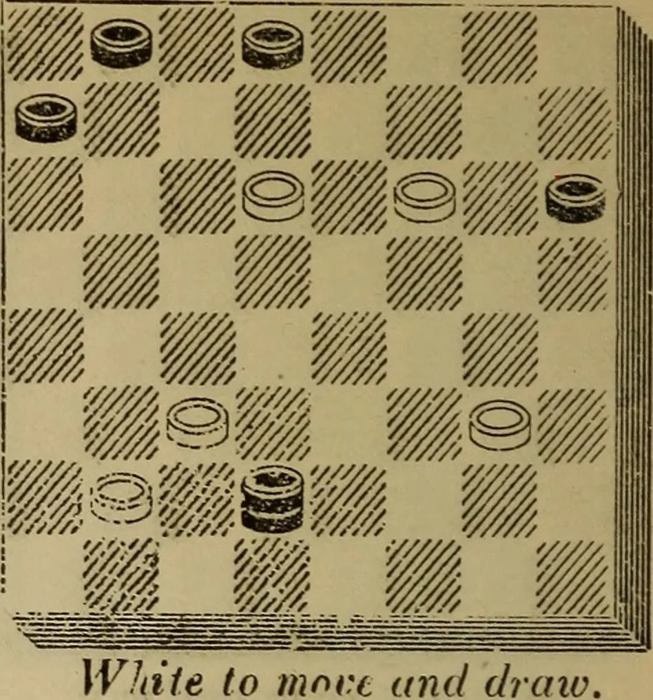 An illustration from Draughts : Gould's problems, critical positions and games by all the greatest players and composers of the world, the whole interspersed with notes on the positions / by Joseph Gould, 1895, leaf 49