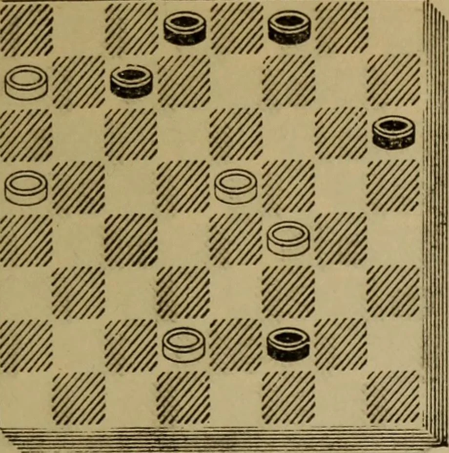 An illustration from Draughts : Gould's problems, critical positions and games by all the greatest players and composers of the world, the whole interspersed with notes on the positions / by Joseph Gould, 1895, leaf 50
