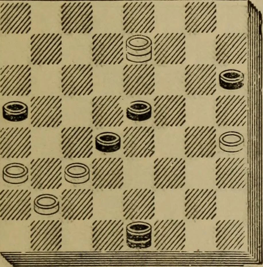 An illustration from Draughts : Gould's problems, critical positions and games by all the greatest players and composers of the world, the whole interspersed with notes on the positions / by Joseph Gould, 1895, leaf 50
